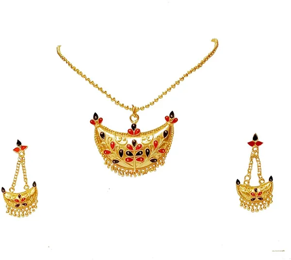 Assamese_Traditional_Gold_Plated_Red_Black_Colour_Joonbiri_Chain_Jewellery_Set_For_Women